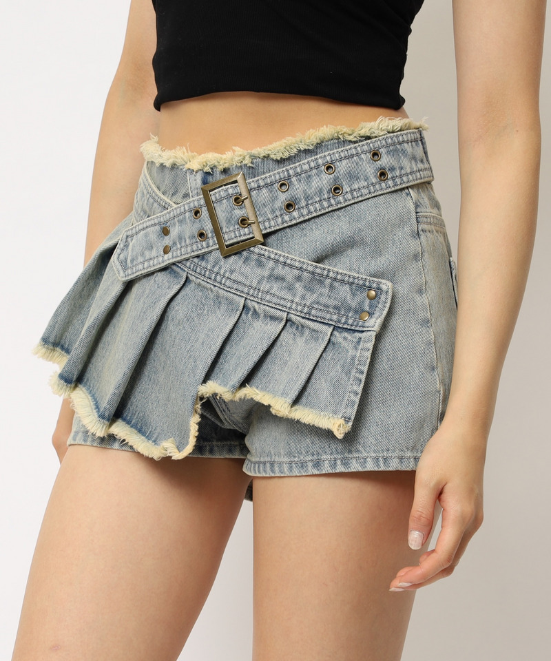 ベルトプリーツデザインショートパンツ 詳細画像 デニムブルー 8