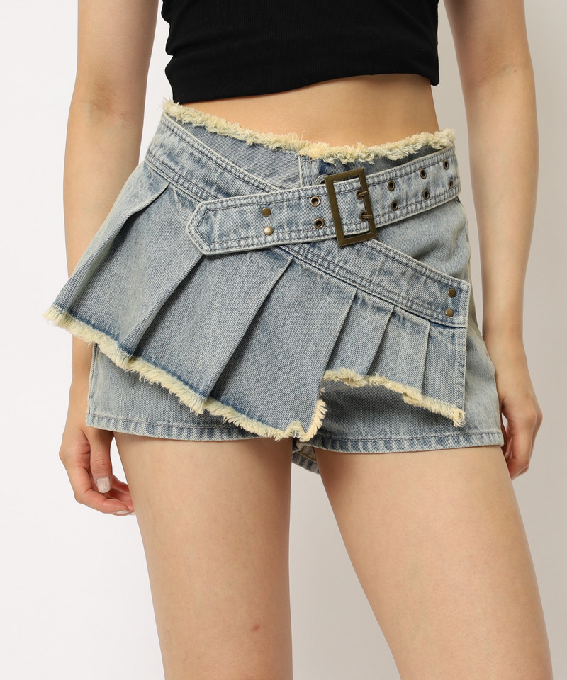 ベルトプリーツデザインショートパンツ 詳細画像 デニムブルー 9