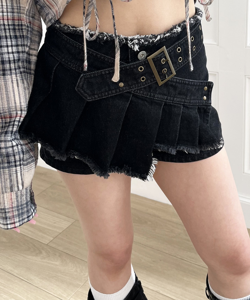 ベルトプリーツデザインショートパンツ 詳細画像 ブラックデニム 10