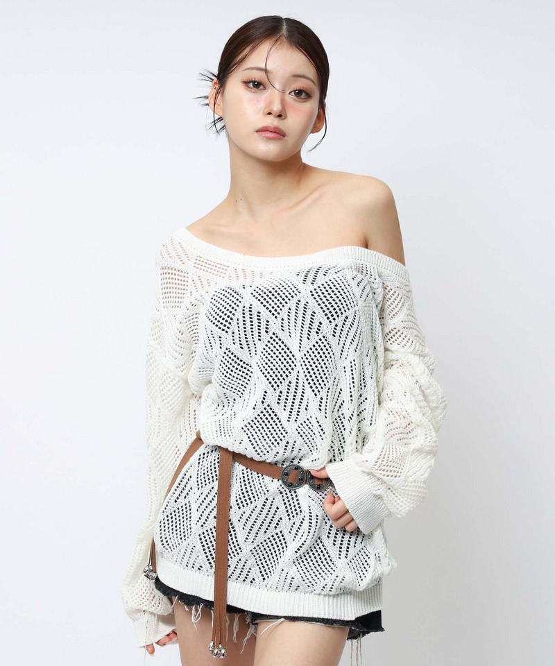 透かし編みベルト付きワンショルニット 詳細画像 オフホワイト 2