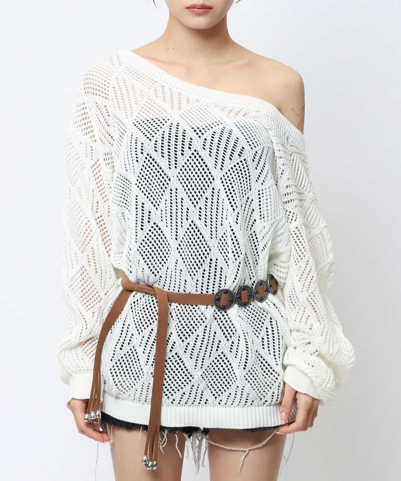 透かし編みベルト付きワンショルニット 詳細画像 オフホワイト 4