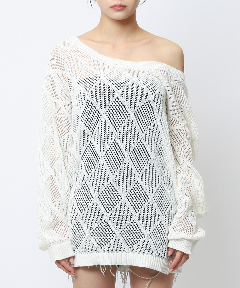 透かし編みベルト付きワンショルニット 詳細画像 オフホワイト 5