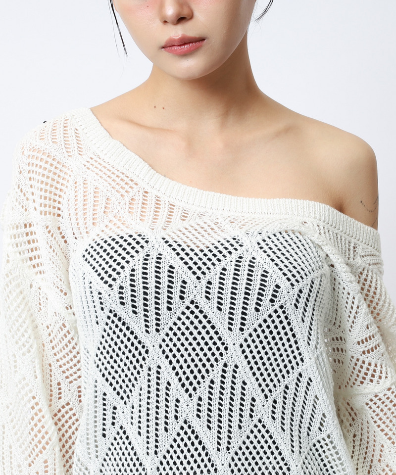 透かし編みベルト付きワンショルニット 詳細画像 オフホワイト 8