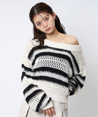 ボーダー透かし編みショートニット