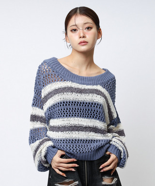 ボーダー透かし編みショートニット