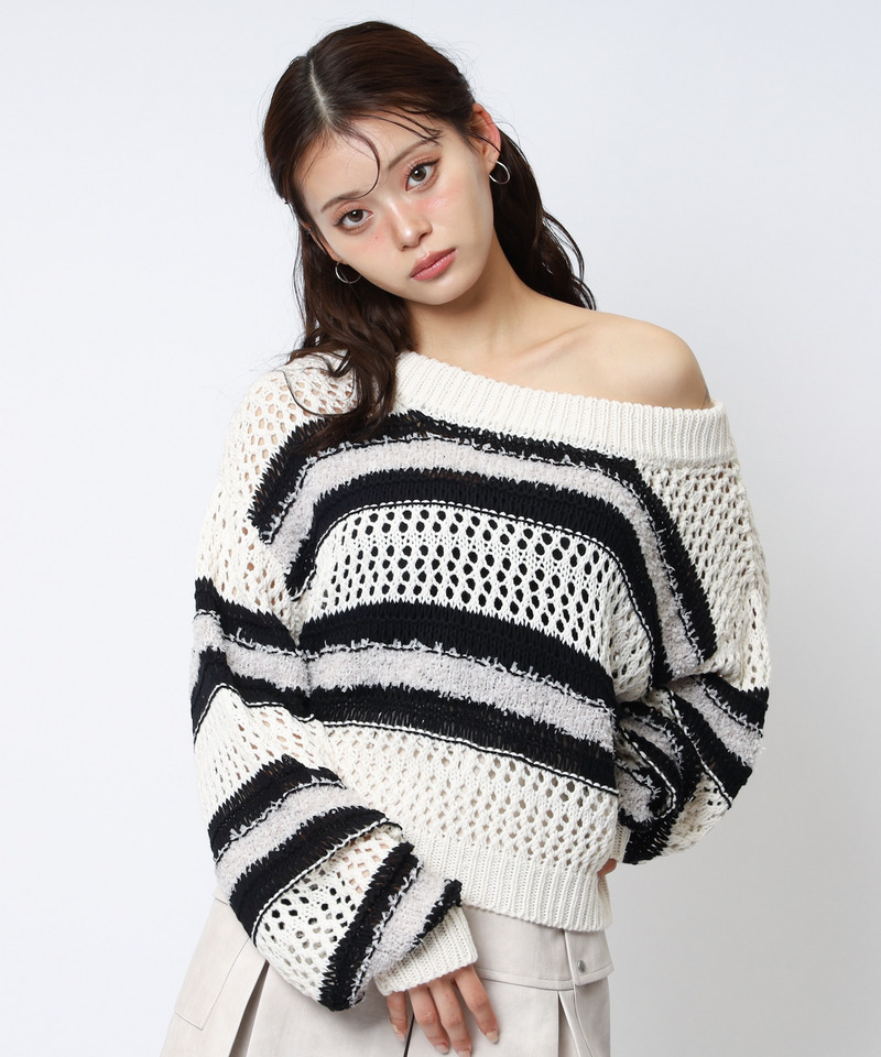 ボーダー透かし編みショートニット 詳細画像 ホワイト 1
