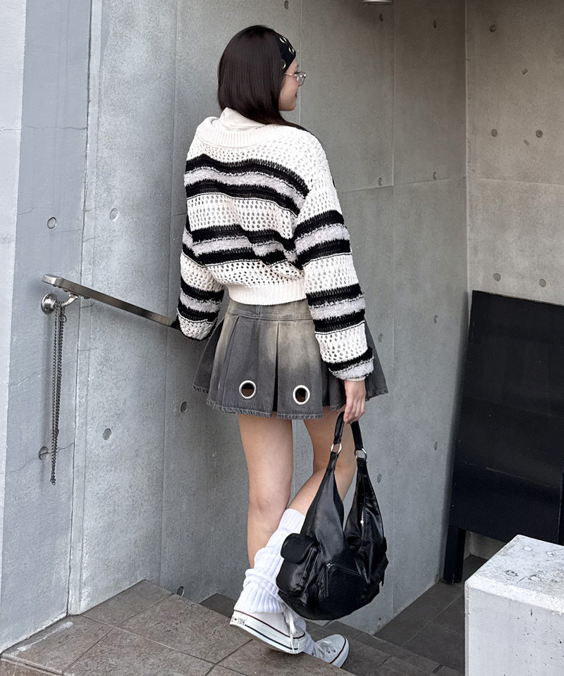 ボーダー透かし編みショートニット 詳細画像 ホワイト 10