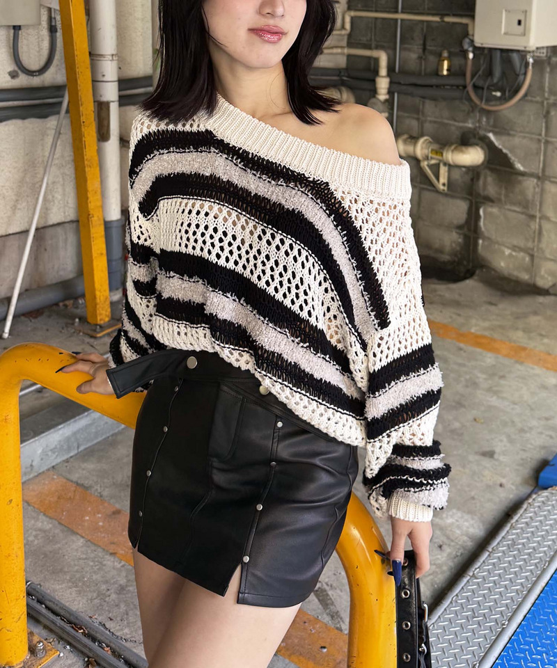 ボーダー透かし編みショートニット 詳細画像 ホワイト 7