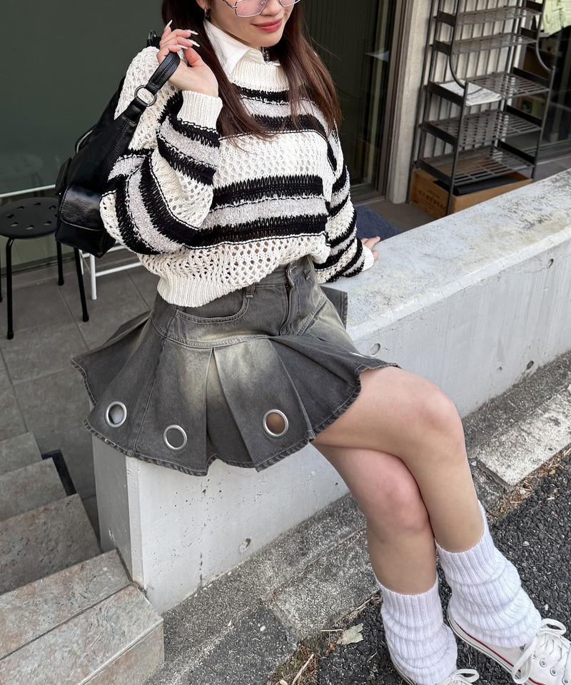 ボーダー透かし編みショートニット 詳細画像 ホワイト 9