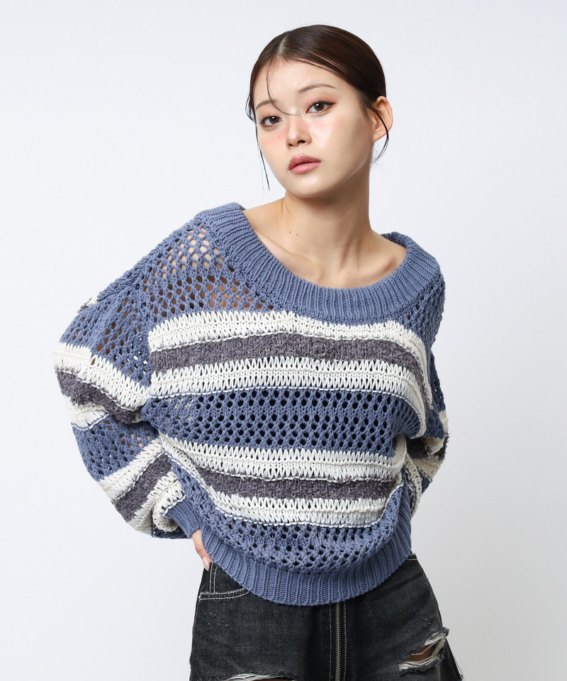 ボーダー透かし編みショートニット 詳細画像 ブルー 2