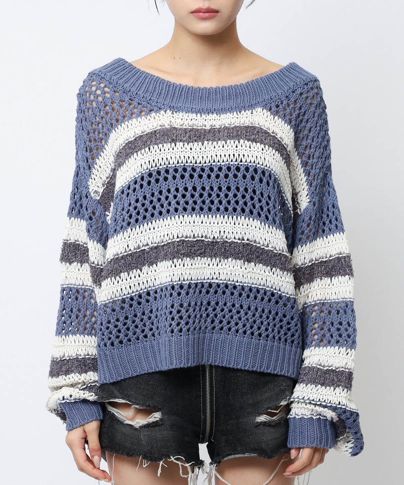 ボーダー透かし編みショートニット 詳細画像 ブルー 9