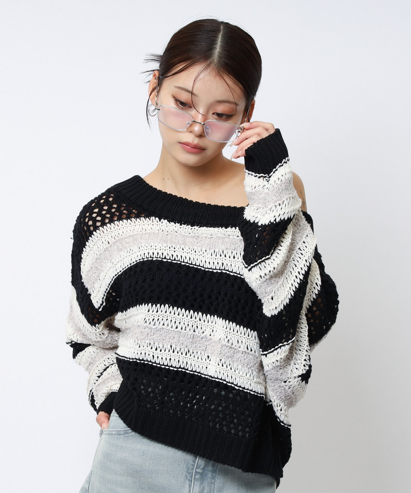 ボーダー透かし編みショートニット 詳細画像 ブラック 2