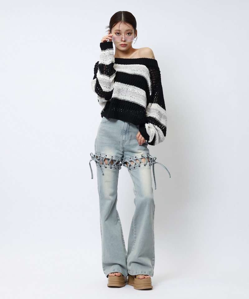 ボーダー透かし編みショートニット 詳細画像 ブラック 3