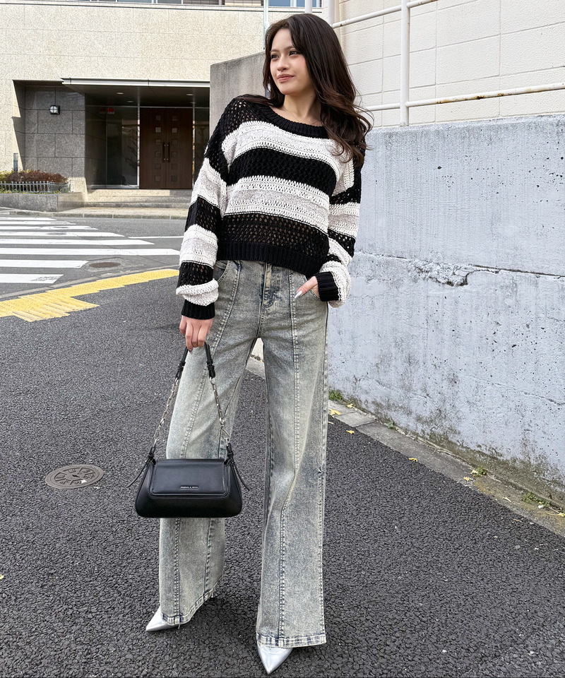 ボーダー透かし編みショートニット 詳細画像 ブラック 5