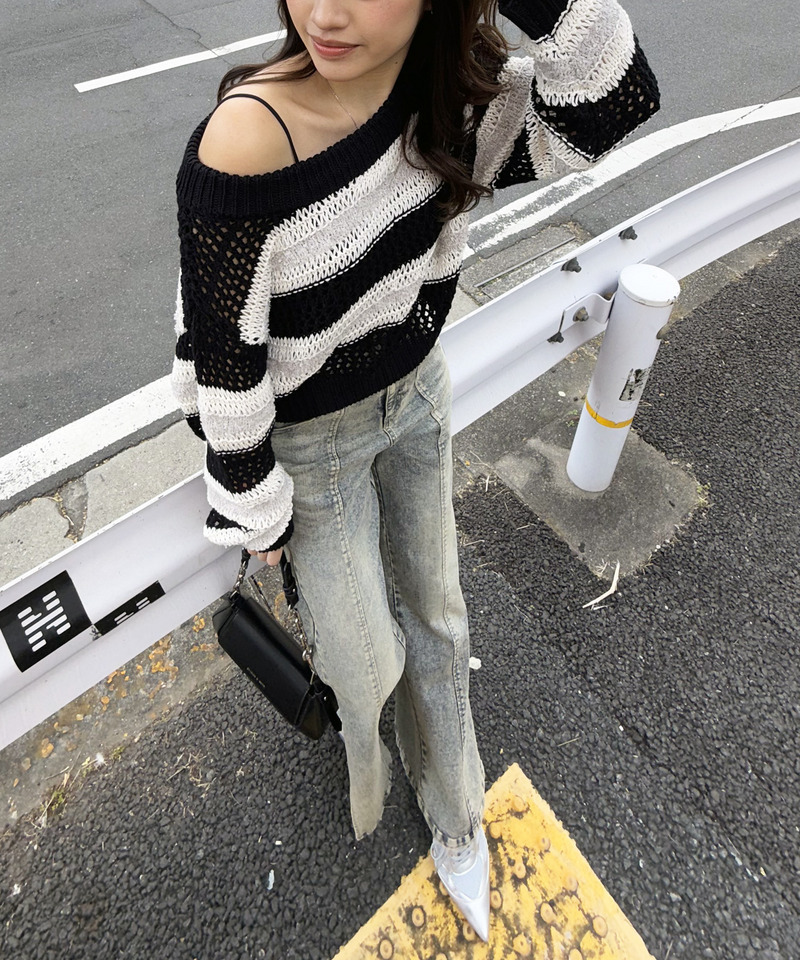 ボーダー透かし編みショートニット 詳細画像 ブラック 6