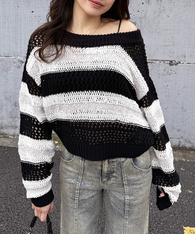 ボーダー透かし編みショートニット 詳細画像 ブラック 7