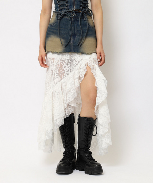 レースドッキングロングデニムスカート 詳細画像