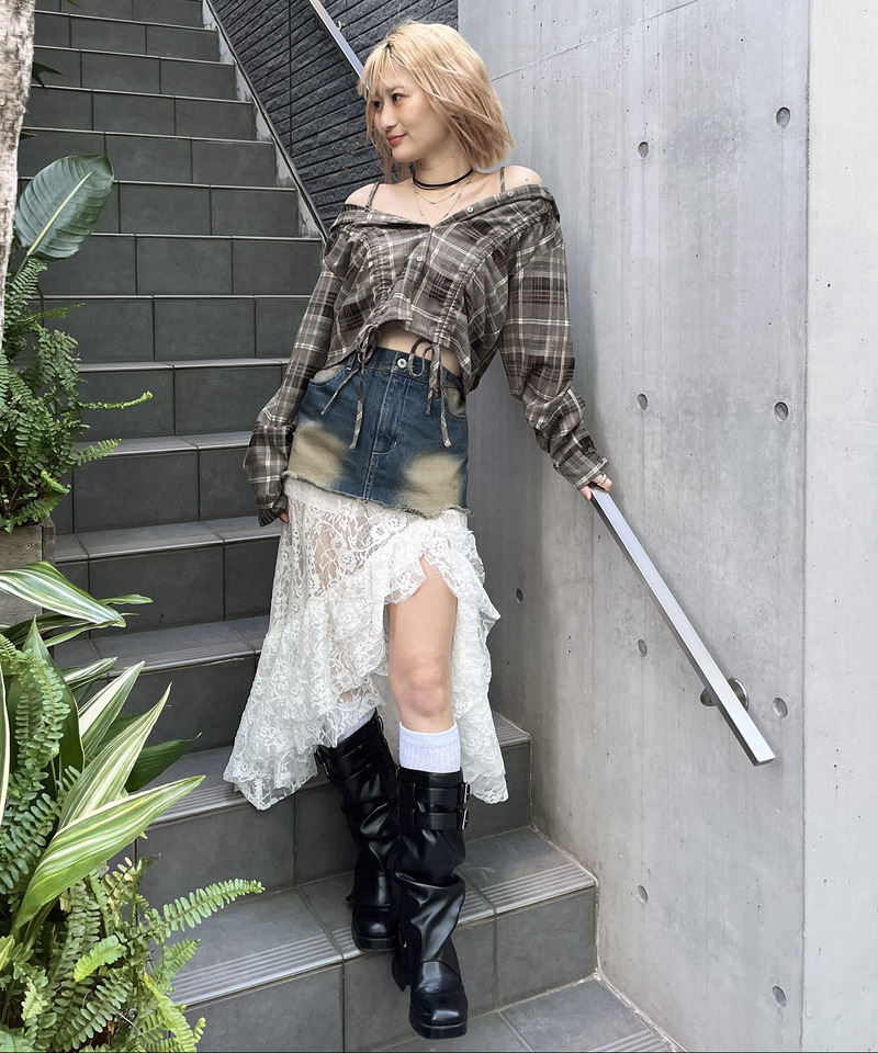 レースドッキングロングデニムスカート 詳細画像 デニムブルー 7