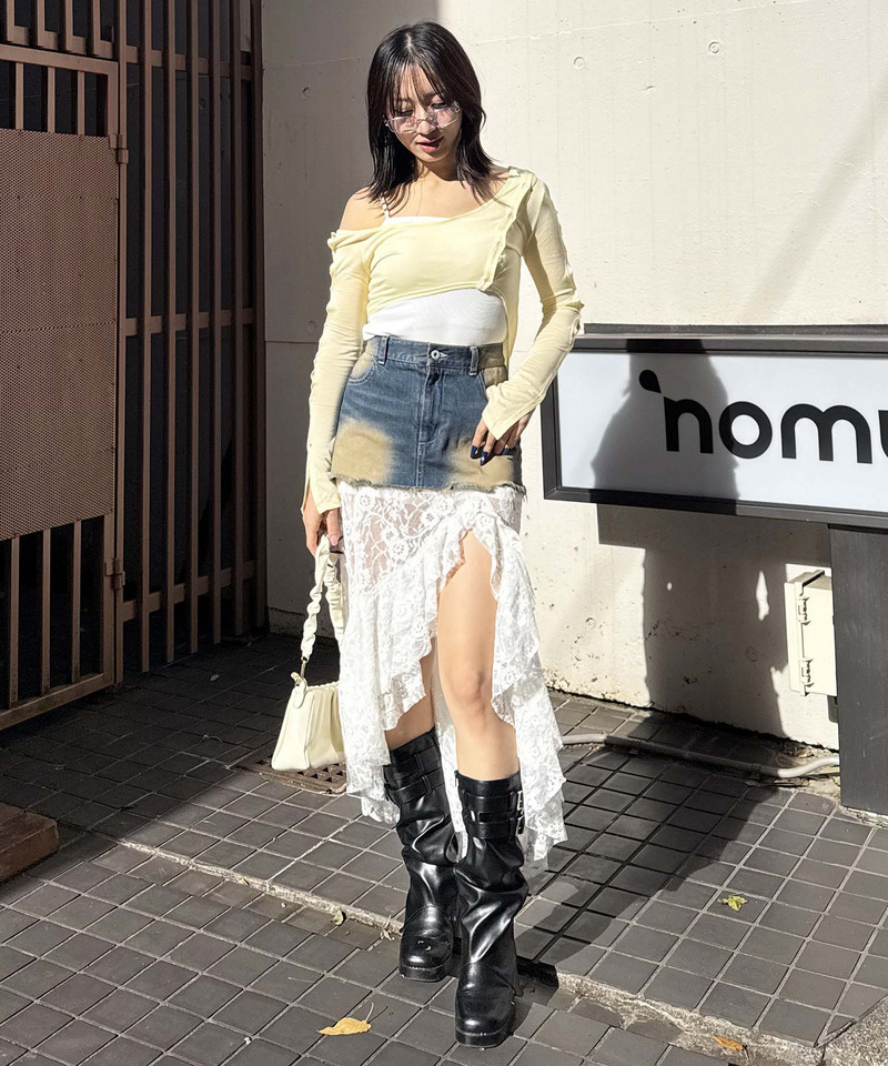 レースドッキングロングデニムスカート 詳細画像 デニムブルー 9