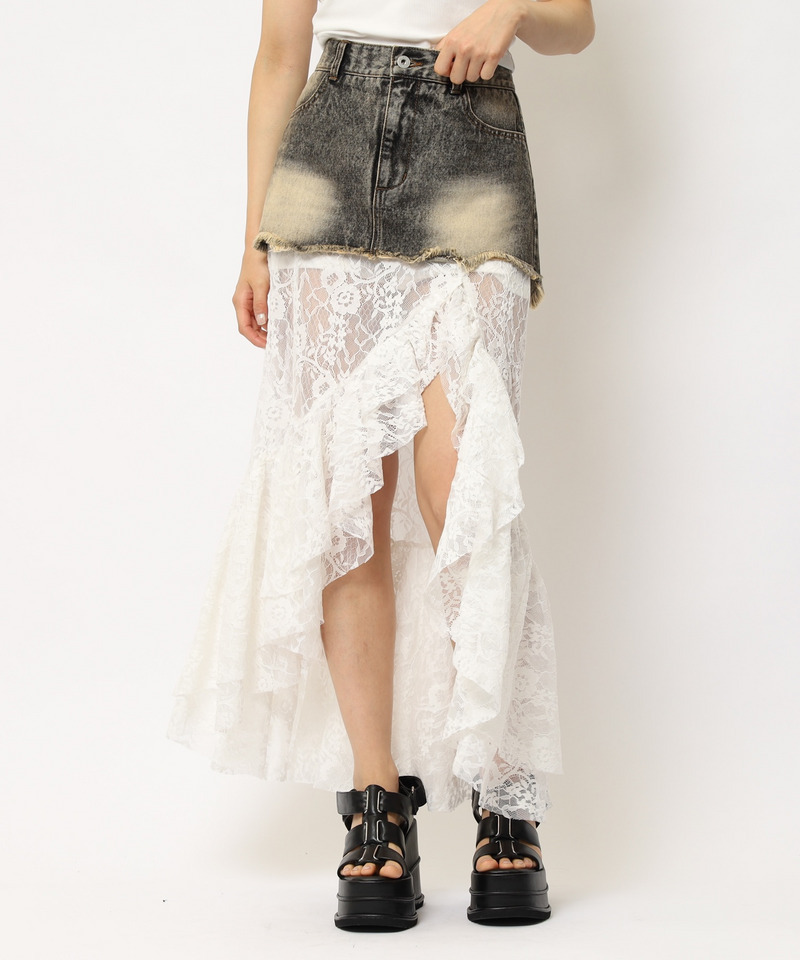 レースドッキングロングデニムスカート 詳細画像 ブラックデニム 1
