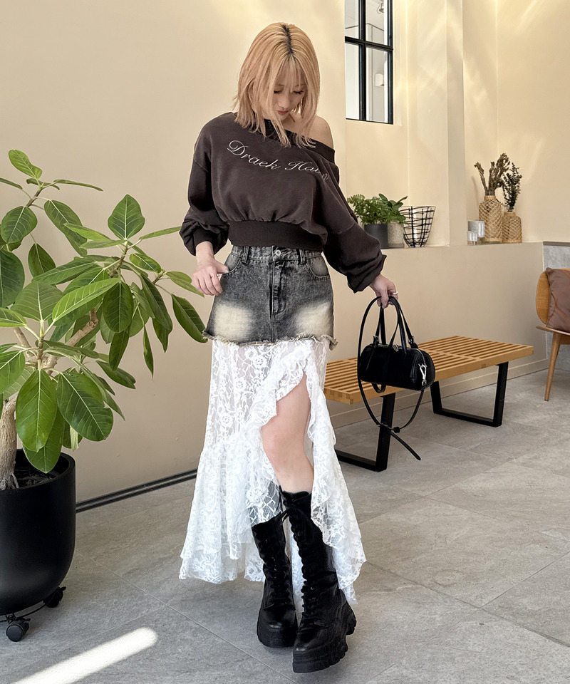 レースドッキングロングデニムスカート 詳細画像 ブラックデニム 3