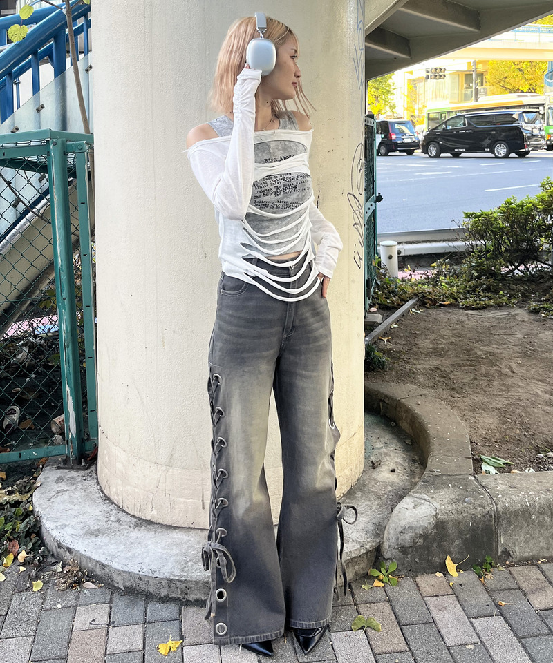 アイレットデニムフレアパンツ 詳細画像 ブラックデニム 10