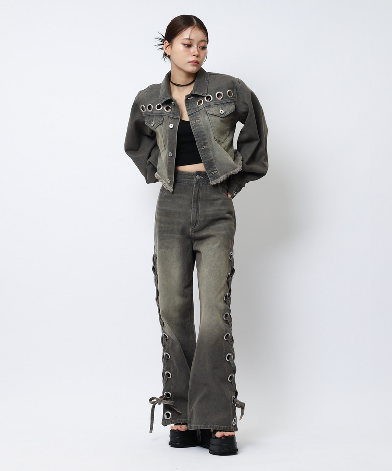 アイレットデニムフレアパンツ 詳細画像 ブラックデニム 3