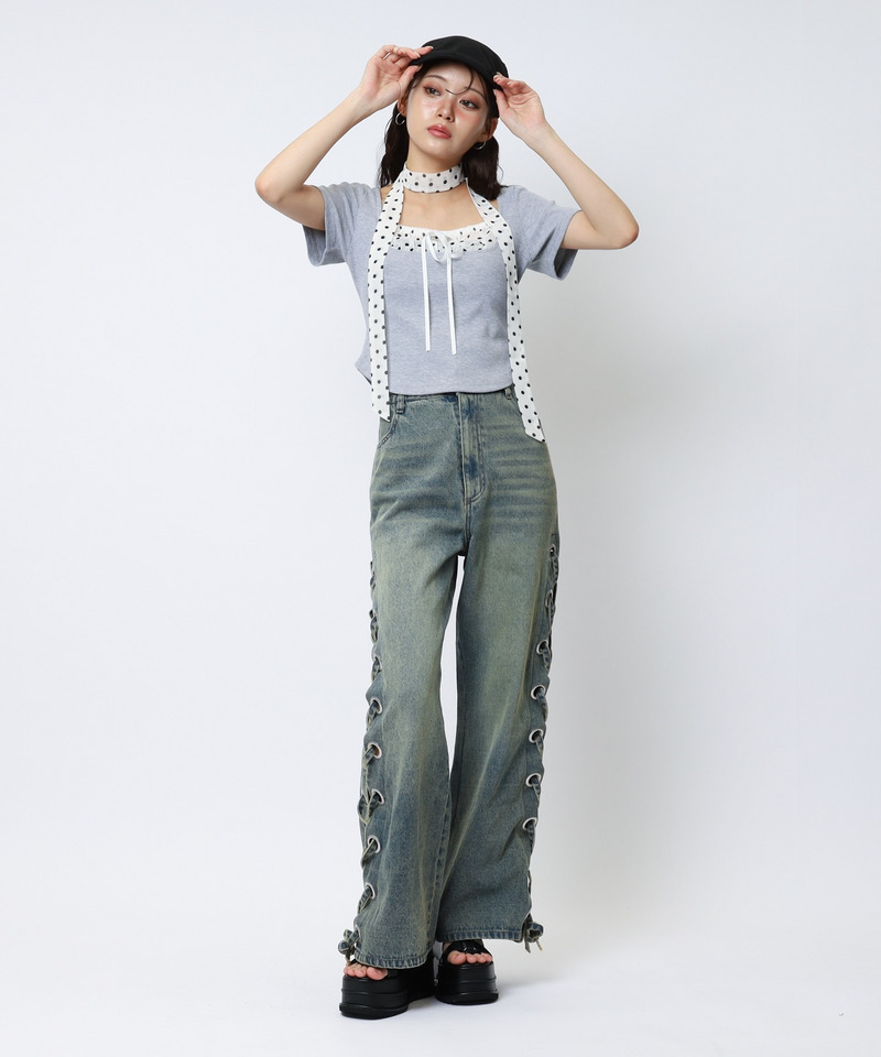 ドット柄チョーカーレイヤードトップス 詳細画像 グレー 3