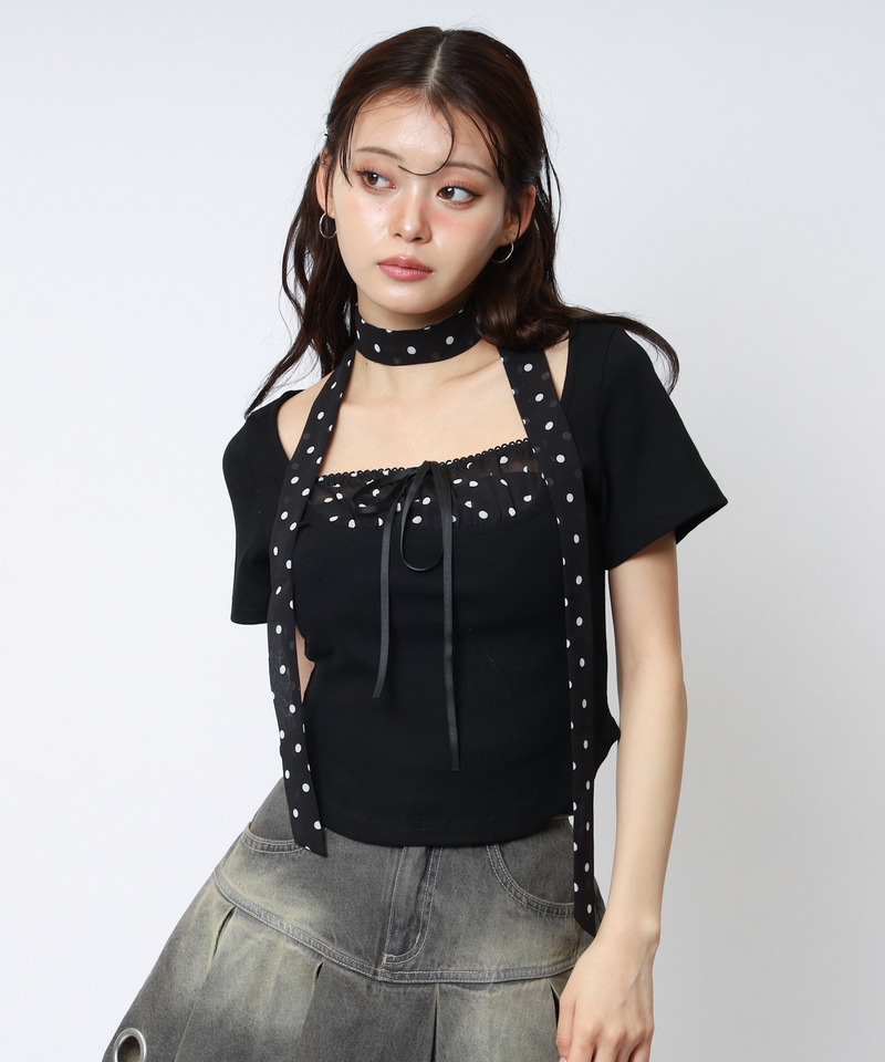 ドット柄チョーカーレイヤードトップス 詳細画像 ブラック 5