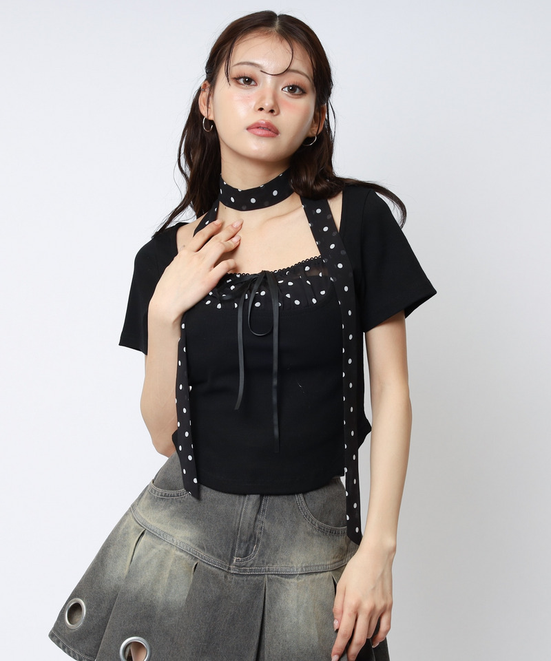 ドット柄チョーカーレイヤードトップス 詳細画像 ブラック 6
