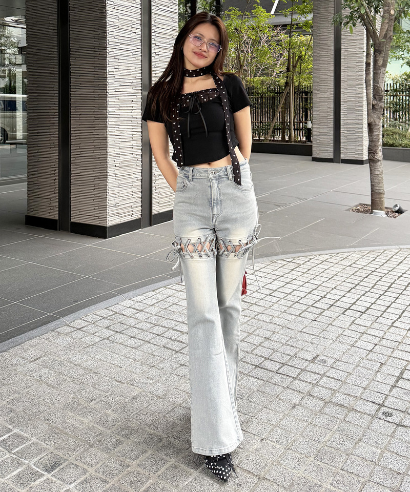 ドット柄チョーカーレイヤードトップス 詳細画像 ブラック 9