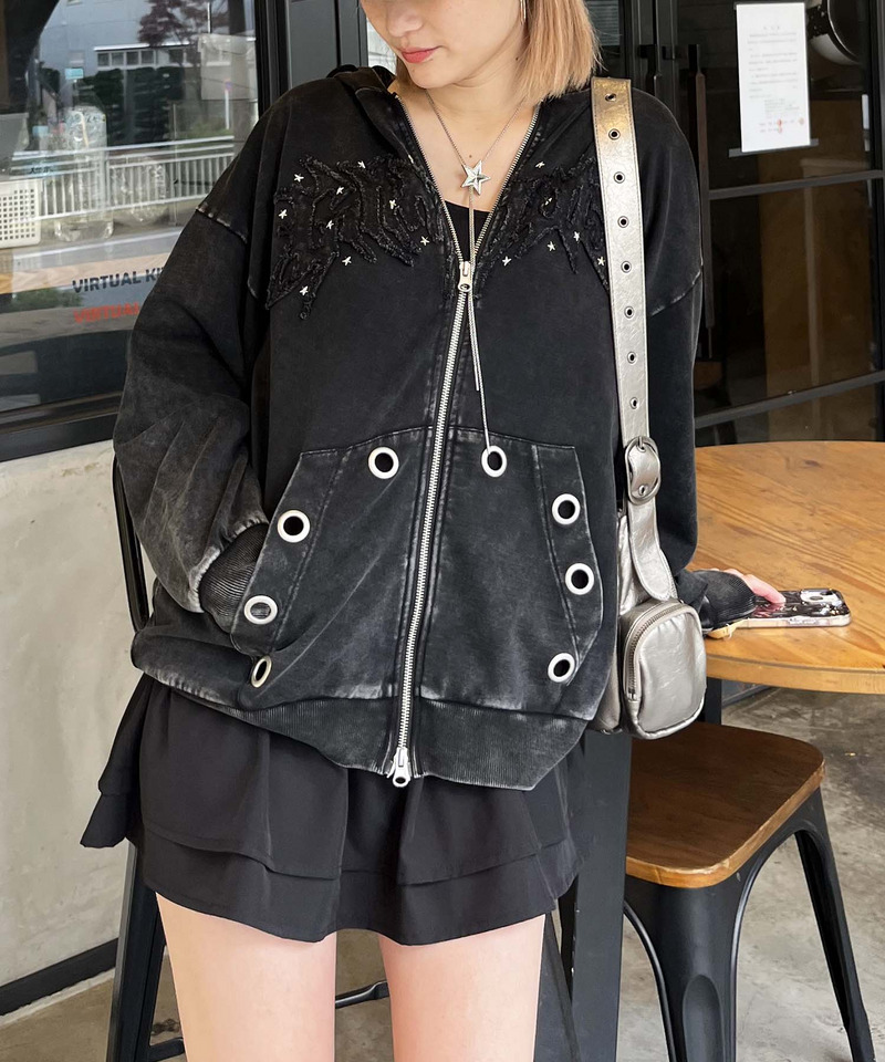 アイレットクラッシュロゴオーバーパーカー 詳細画像 ブラック 9