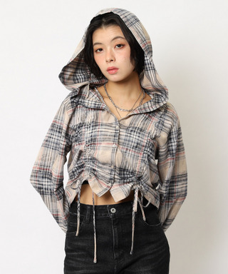 フード付きチェックトップス