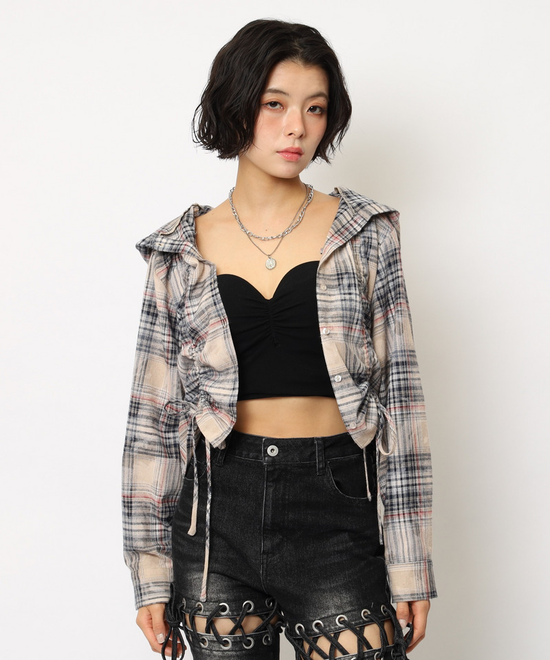 フード付きチェックトップス 詳細画像 ベージュ 4