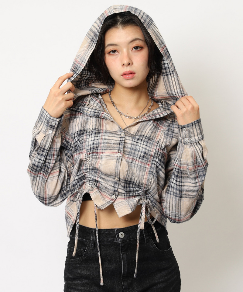 フード付きチェックトップス 詳細画像 ベージュ 7