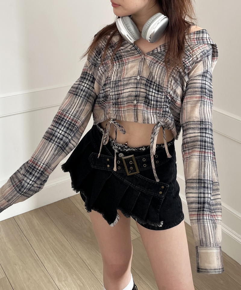 フード付きチェックトップス 詳細画像 ベージュ 8