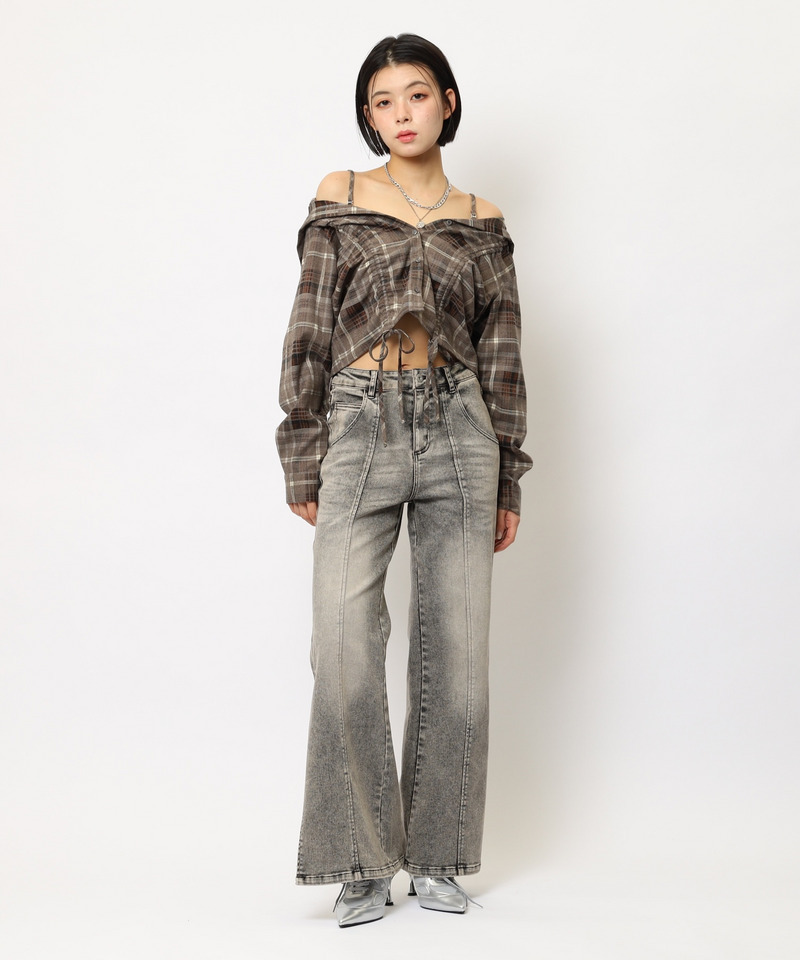 フード付きチェックトップス 詳細画像 ブラウン 2