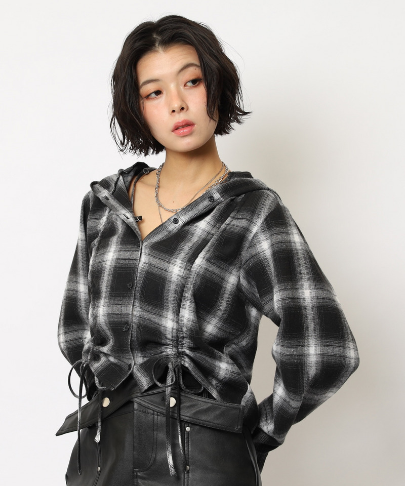 フード付きチェックトップス 詳細画像 ブラック 3