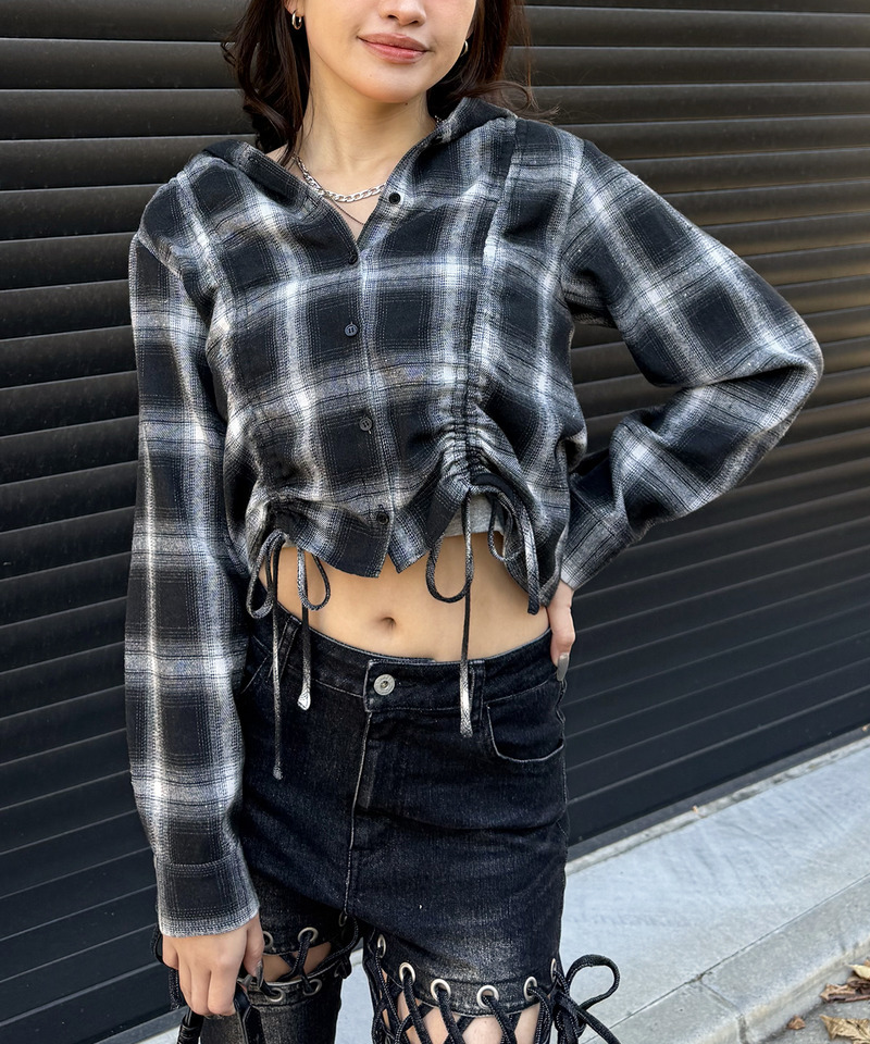 フード付きチェックトップス 詳細画像 ブラック 4