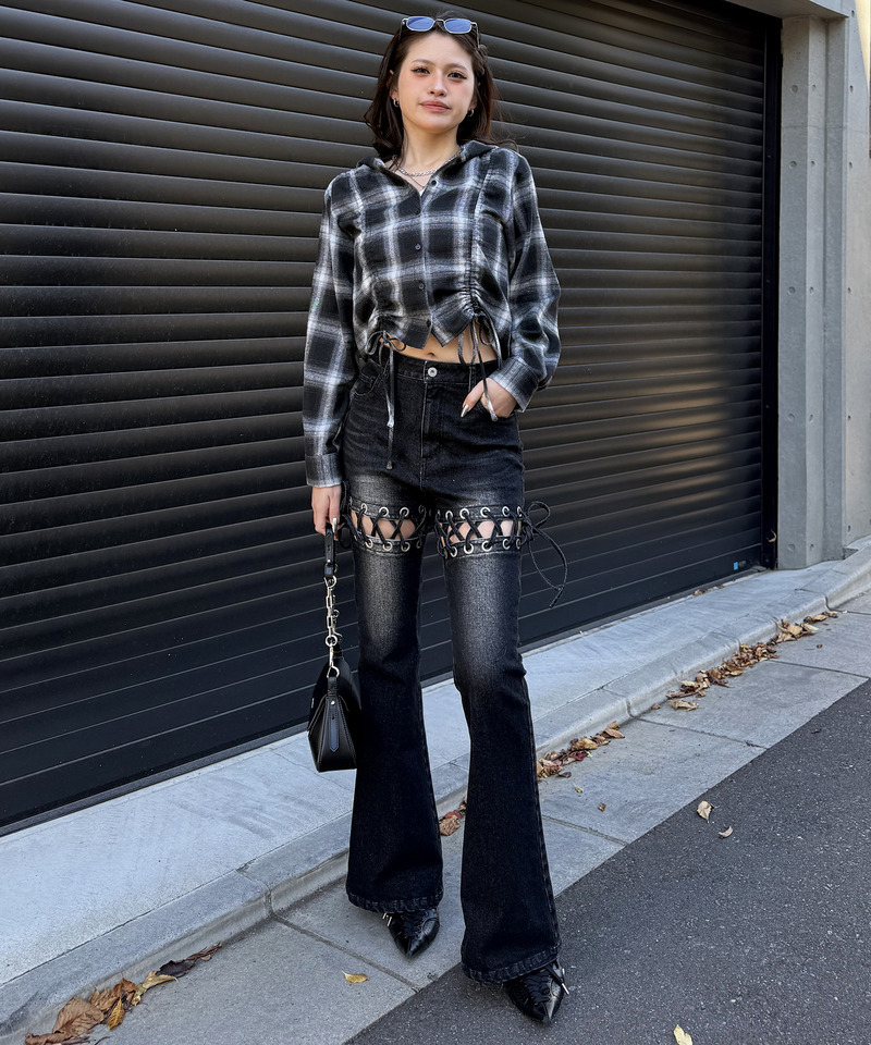 フード付きチェックトップス 詳細画像 ブラック 5