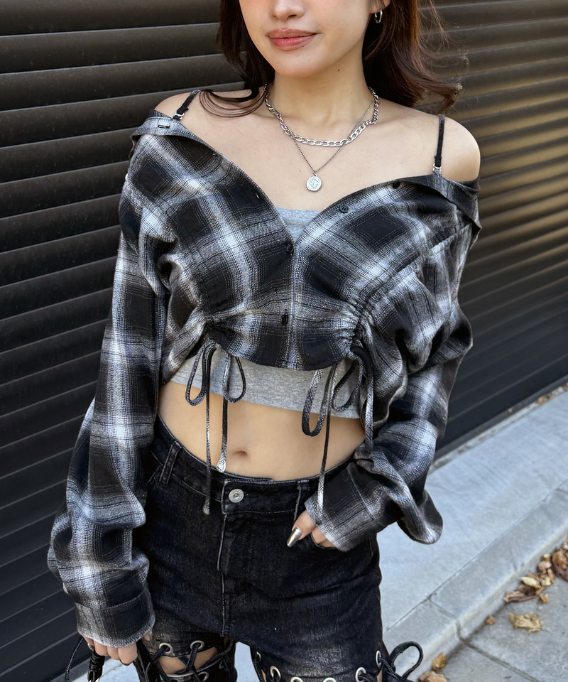 フード付きチェックトップス 詳細画像 ブラック 6