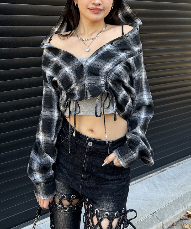 フード付きチェックトップス 詳細画像 ブラック 7