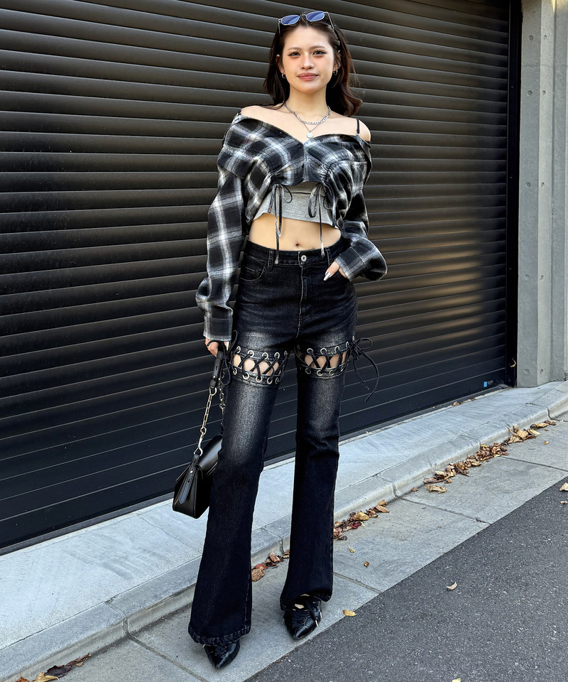 フード付きチェックトップス 詳細画像 ブラック 8