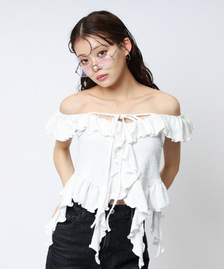 オフショルラメラッフルトップス