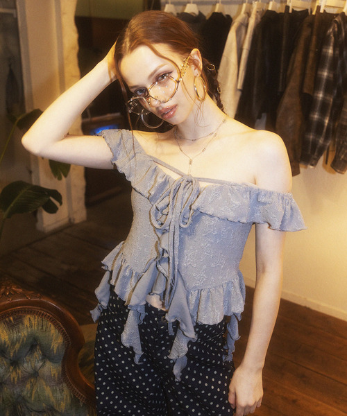 オフショルラメラッフルトップス 詳細画像