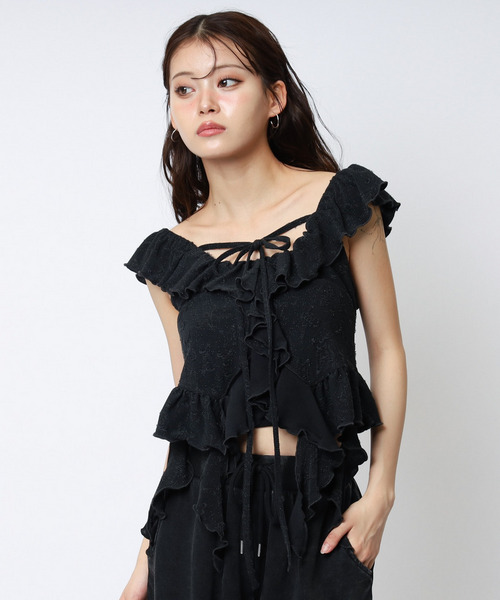 オフショルラメラッフルトップス 詳細画像