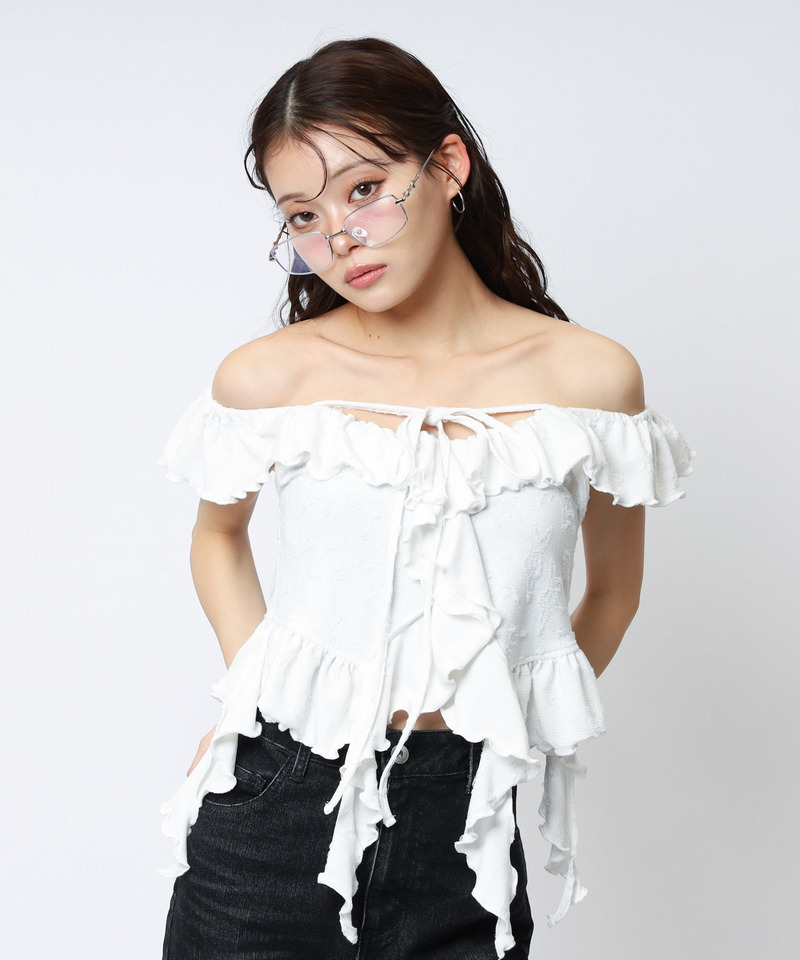 オフショルラメラッフルトップス 詳細画像 オフホワイト 1