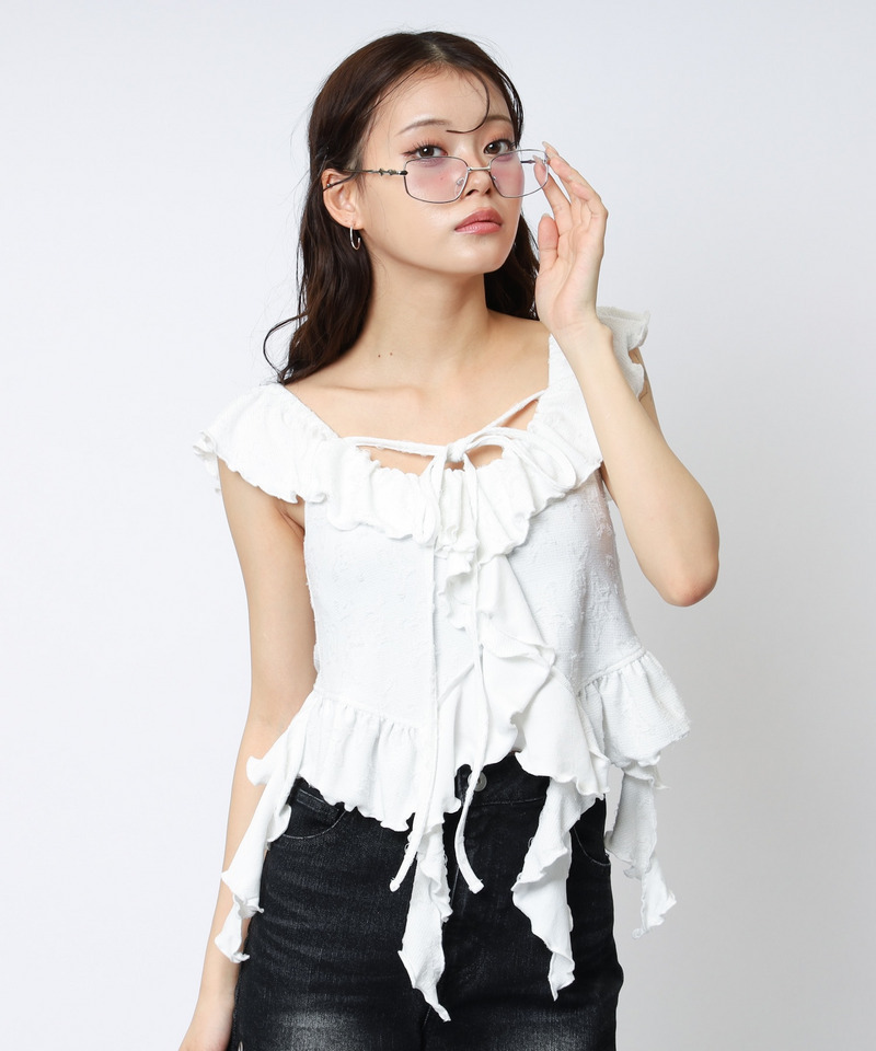 オフショルラメラッフルトップス 詳細画像 オフホワイト 3