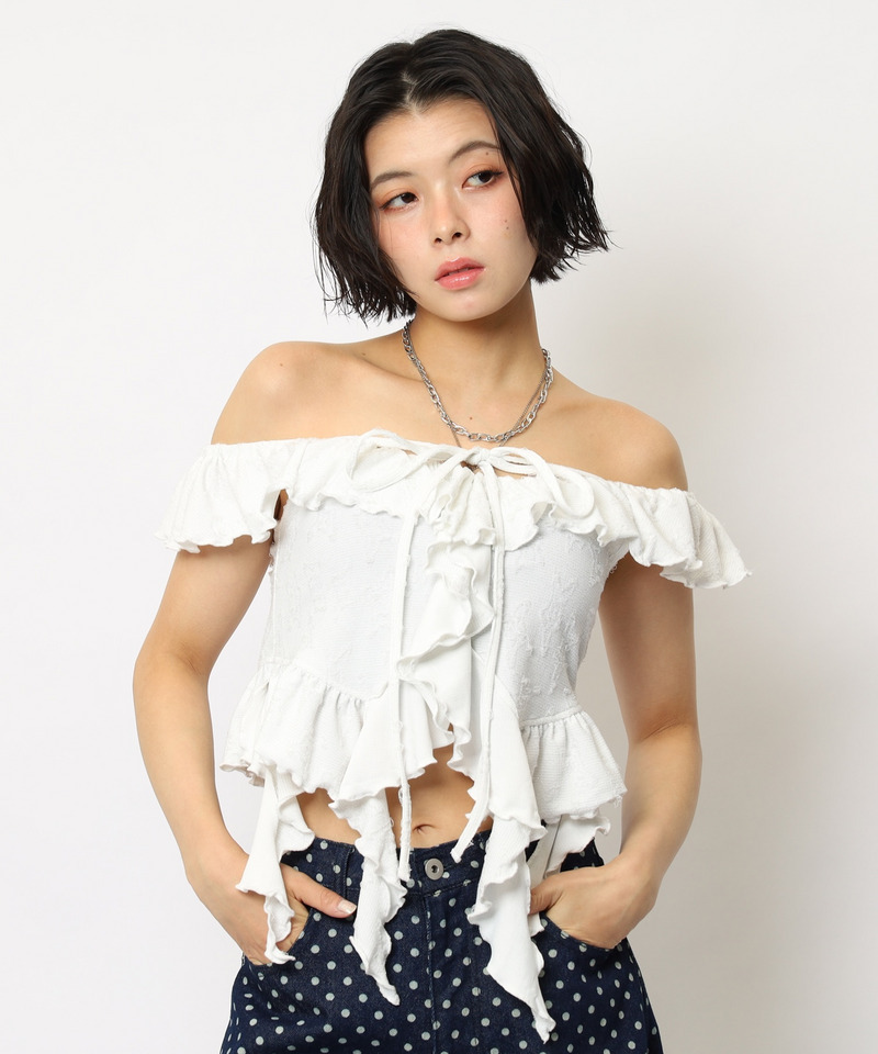 オフショルラメラッフルトップス 詳細画像 オフホワイト 5