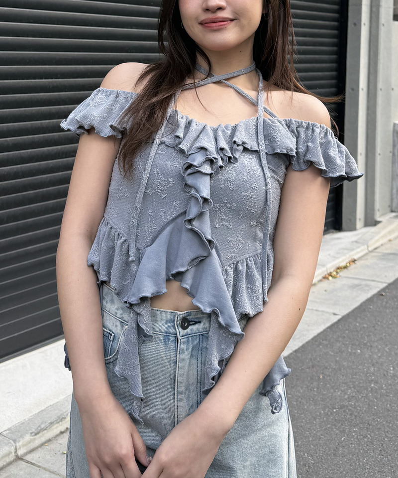 オフショルラメラッフルトップス 詳細画像 グレー 8